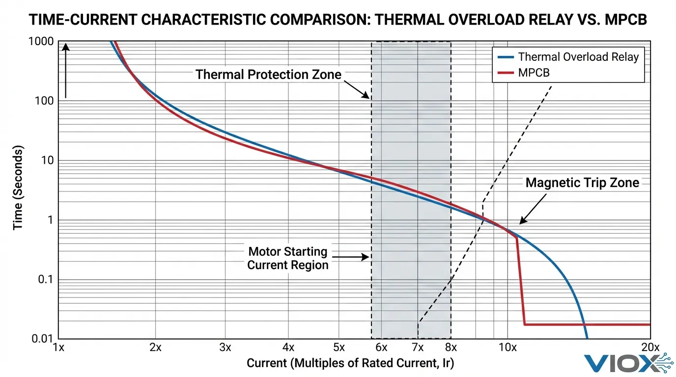 Courbes caractéristiques temps-courant comparant les zones de protection des relais de surcharge thermique et des MPCB - VIOX Electric