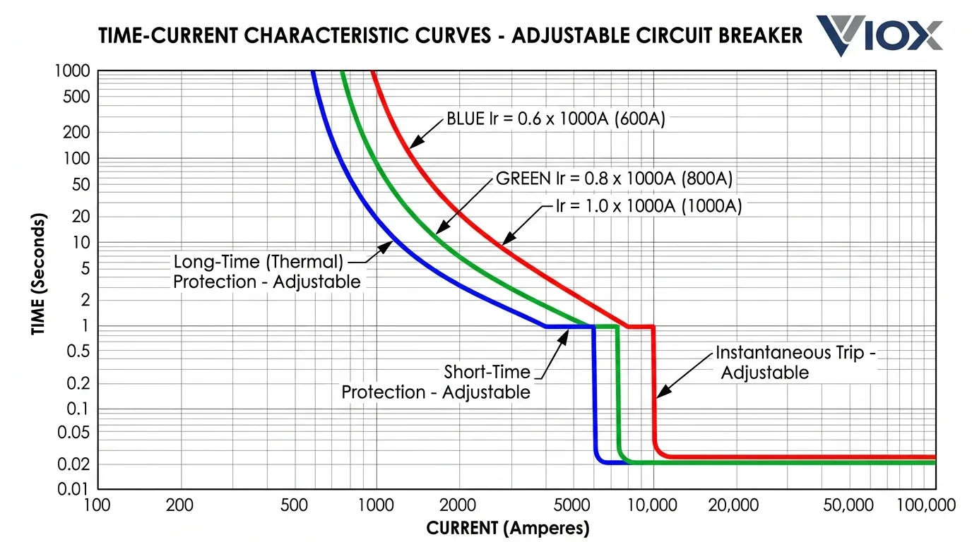 Time-current characteristic curves showing how adjustable circuit breaker trip settings affect protection coordination at different current levels