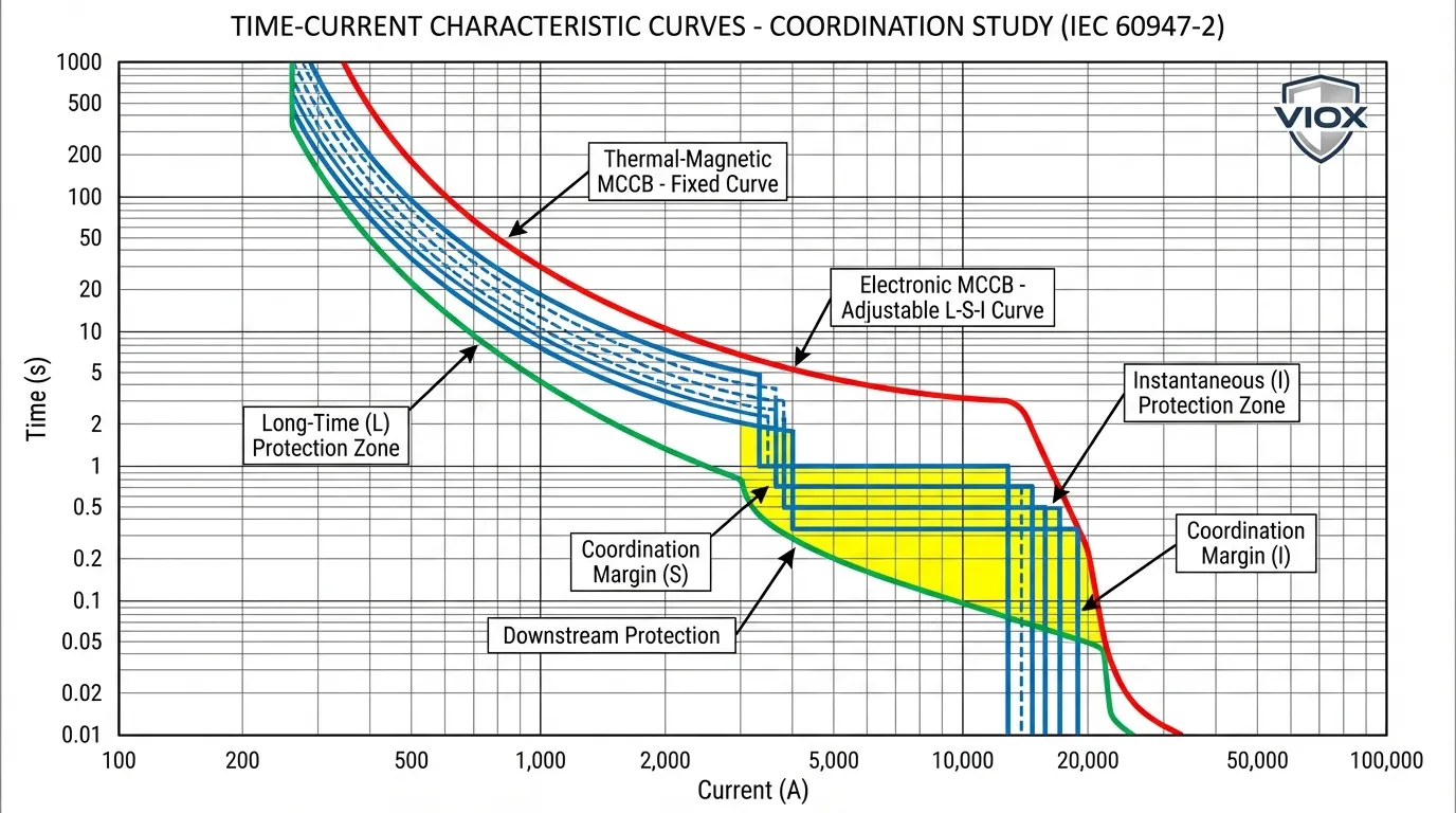고정된 열-자기식과 조정 가능한 전자식 MCCB 보호 특성을 비교하는 시간-전류 협조 곡선