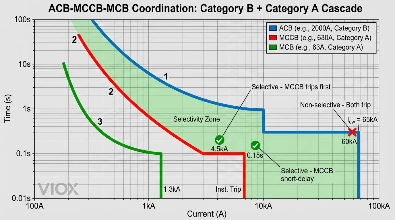 مخطط تنسيق التيار الزمني يوضح مناطق انتقائية ACB و MCCB مع تحليل سيناريو الأعطال - VIOX Electric