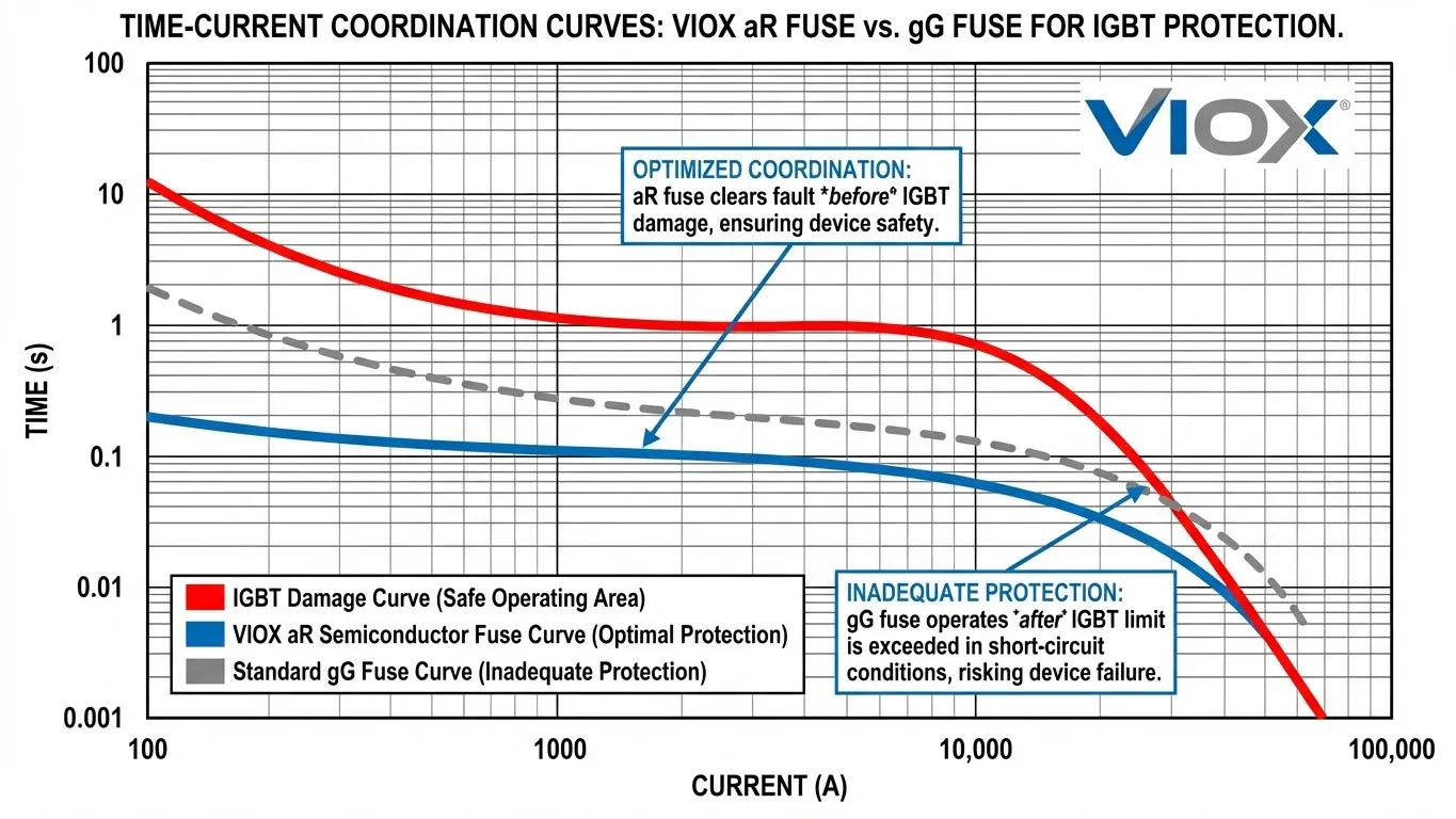 Γράφημα συντονισμού χρόνου-ρεύματος που συγκρίνει την προστασία ασφάλειας ημιαγωγών VIOX aR με τις τυπικές ασφάλειες για την ασφάλεια IGBT