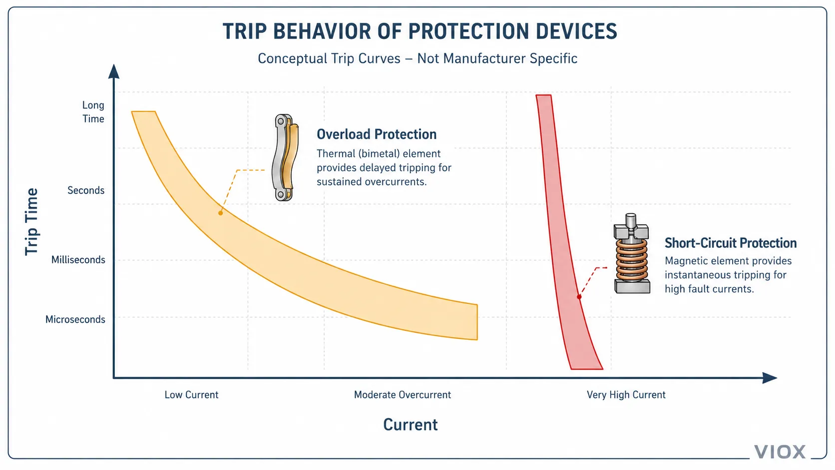 Time-current curve showing delayed overload trip and fast short-circuit trip.