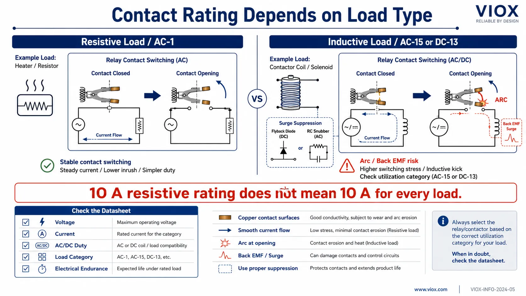 Timer relay contact rating diagram comparing resistive AC-1 loads with inductive AC-15 and DC-13 control loads