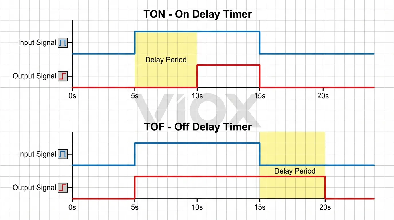 Comparación del diagrama de temporización de las formas de onda del temporizador de retardo a la conexión TON y retardo a la desconexión TOF de VIOX