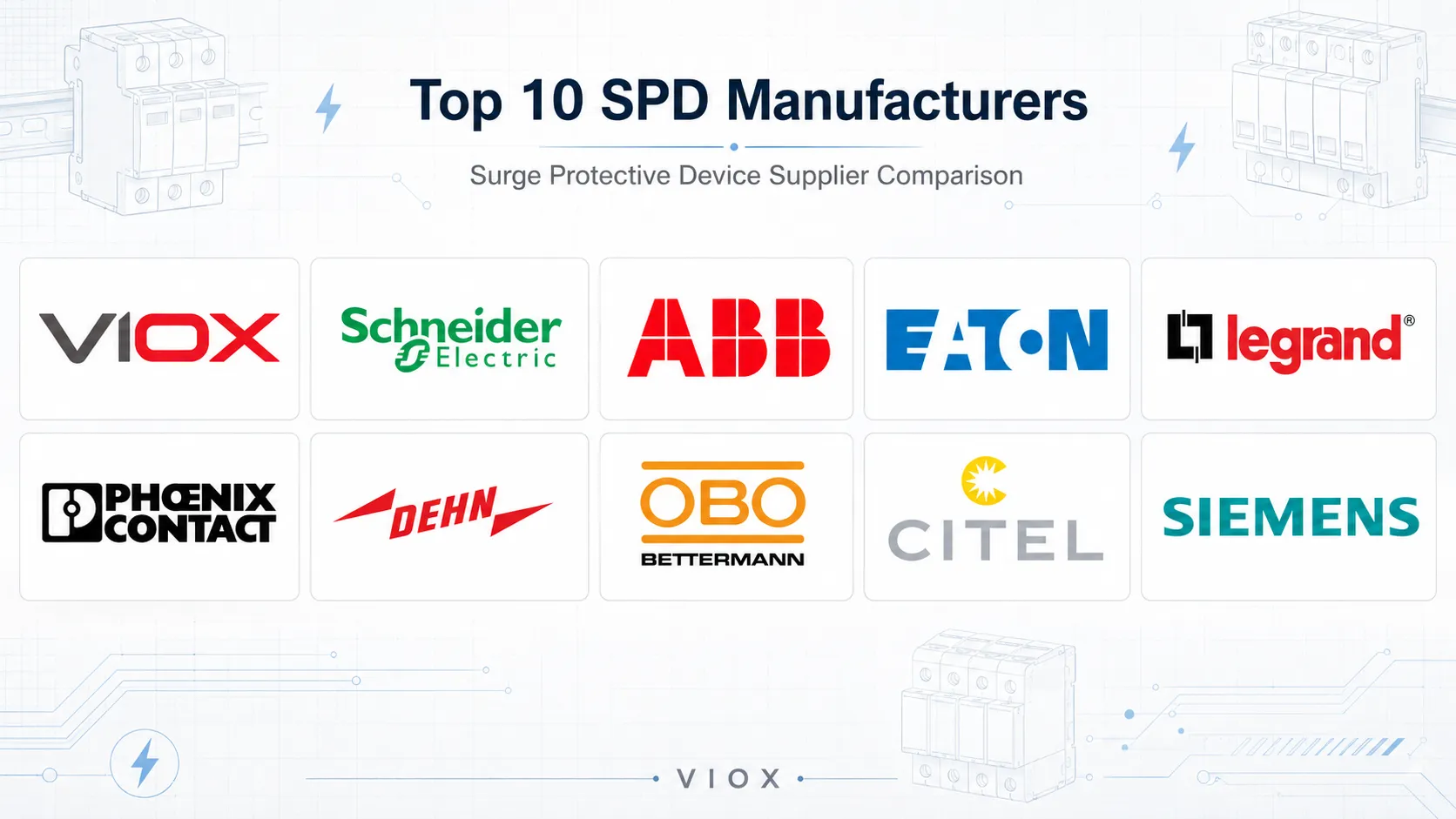 Top 10 SPD manufacturers logo collage for surge protective device suppliers.