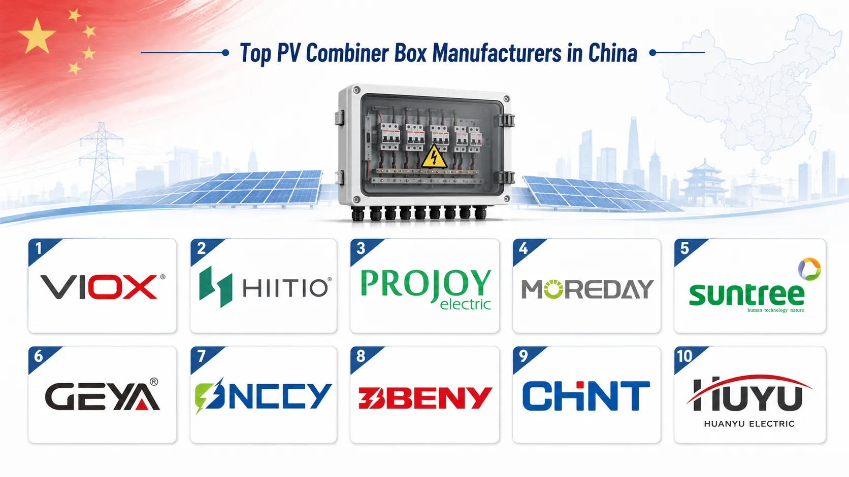 Top PV combiner box manufacturers in China logo collage with ten supplier logos and China flag background.
