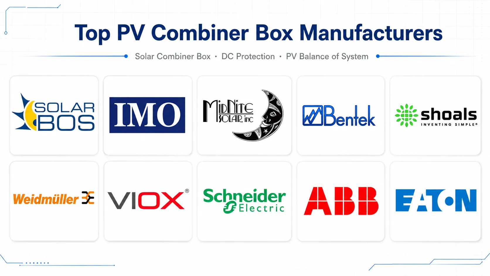 Top PV combiner box manufacturers logo collage with ten solar combiner box brands.