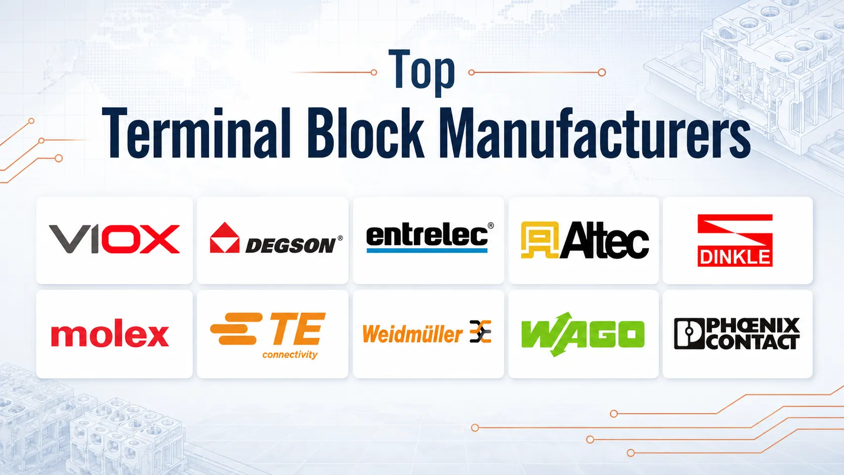 Top terminal block manufacturers logo collage featuring leading global terminal block brands and VIOX.