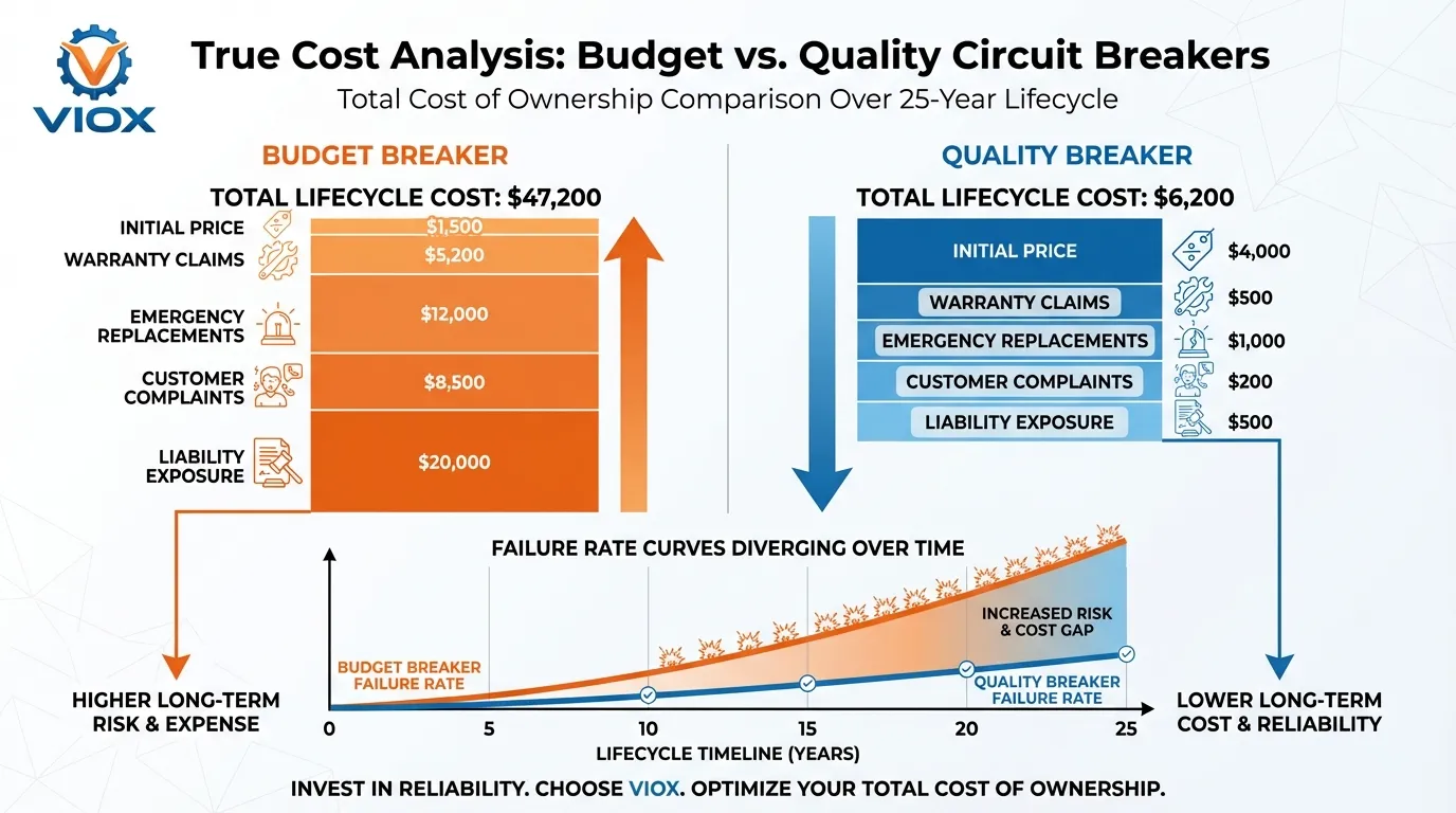 Total cost of ownership infographic comparing budget versus VIOX quality circuit breakers over 25-year lifecycle showing 36% lower annual cost despite higher initial investment