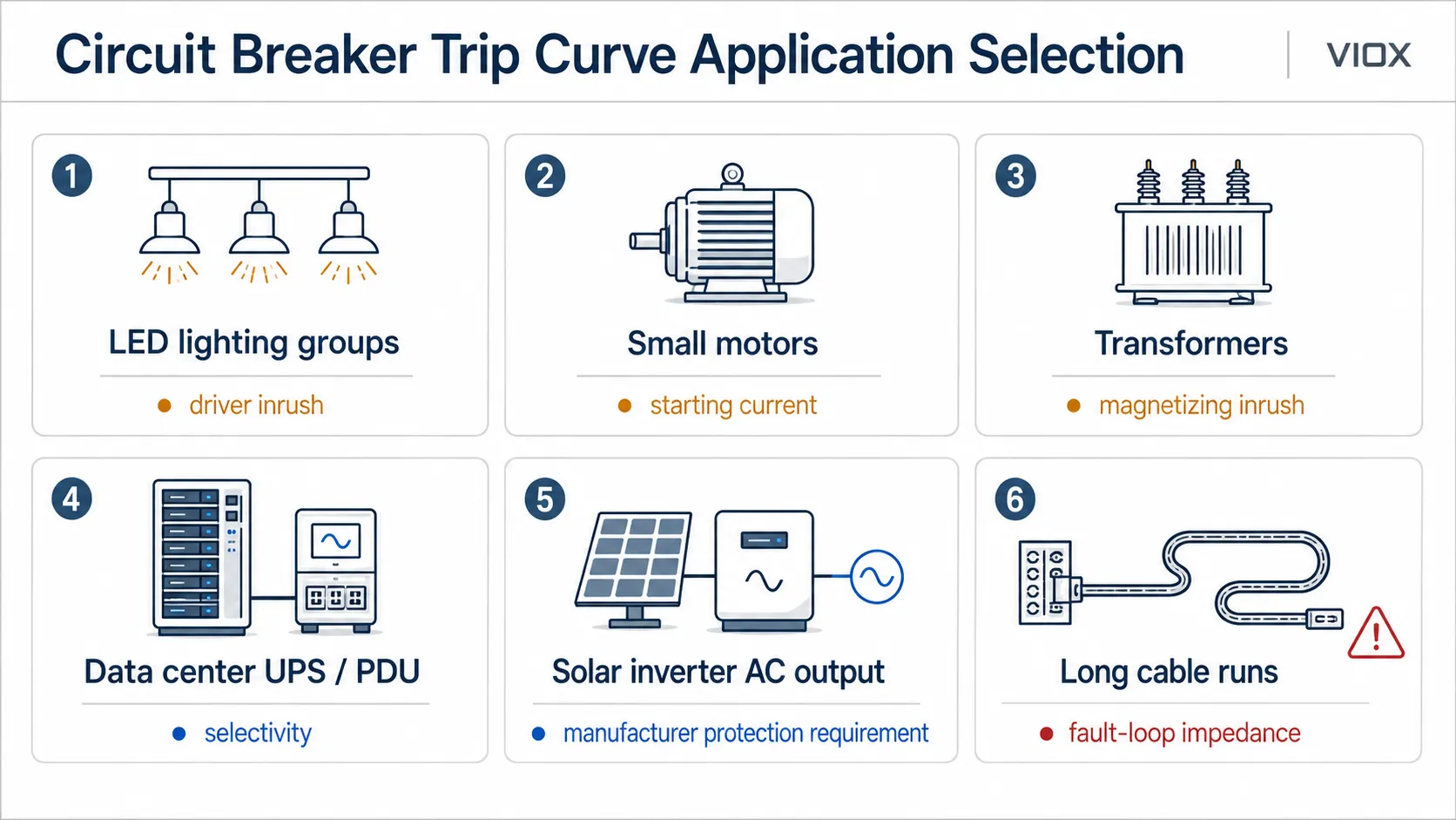 Trip curve selection guide for LED lighting, motors, transformers, data center UPS, and solar inverter circuits.