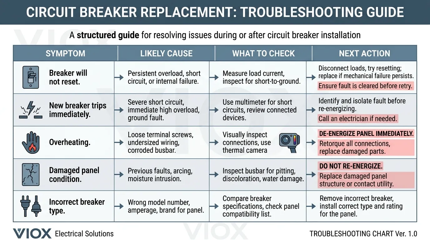 일반적인 회로 차단기 교체 문제 및 원인을 보여주는 문제 해결 차트