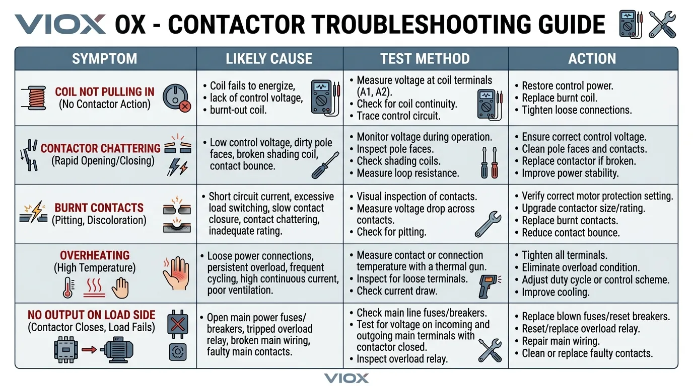 ຕາຕະລາງການແກ້ໄຂບັນຫາທີ່ສະແດງໃຫ້ເຫັນຄວາມຜິດປົກກະຕິທົ່ວໄປຂອງຄອນແທັກເຕີ, ສາເຫດ, ແລະ ວິທີການທົດສອບ