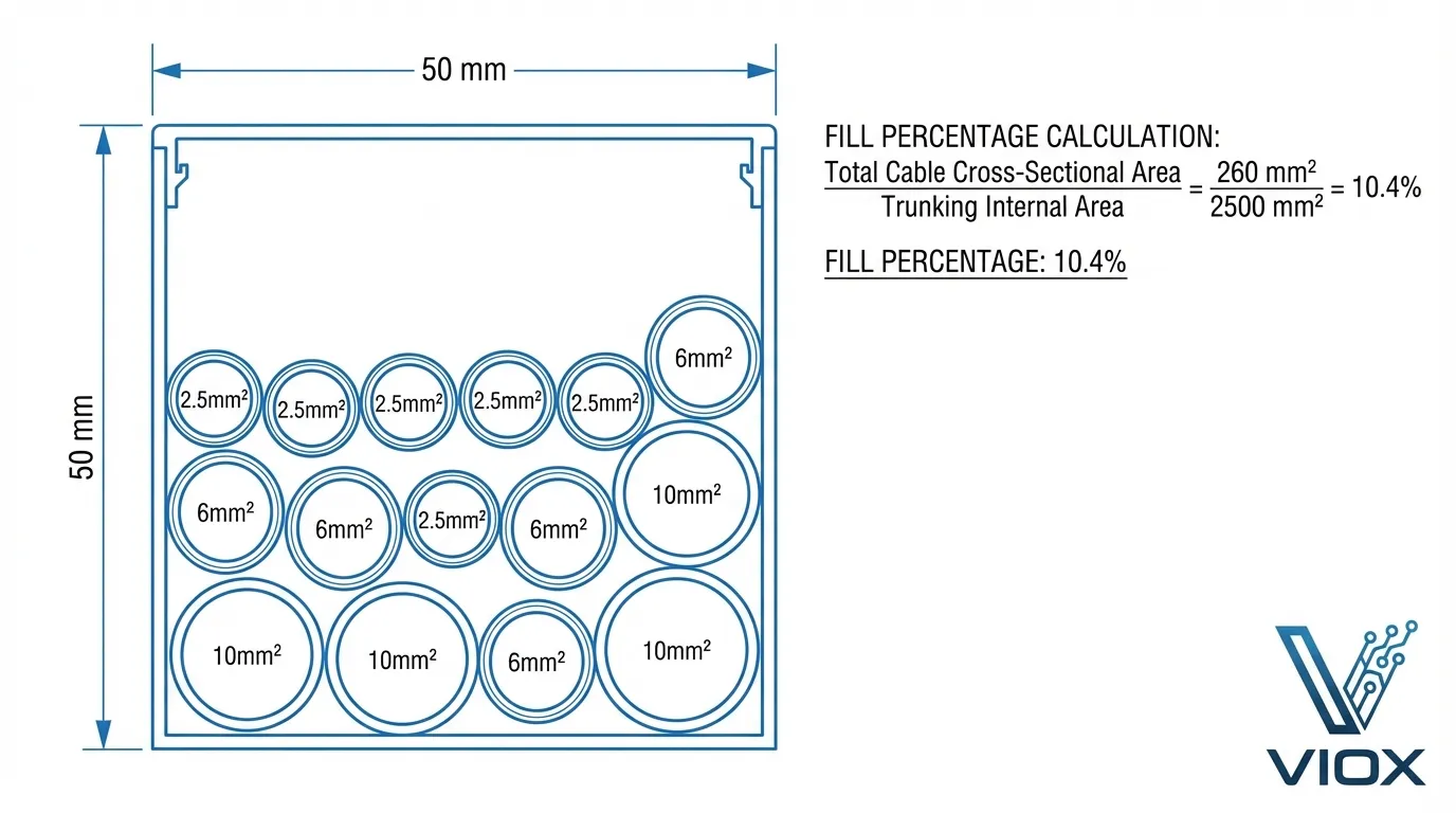 Diagram penampang trunking yang menunjukkan pengaturan kabel dan perhitungan persentase pengisian untuk ukuran kabel campuran