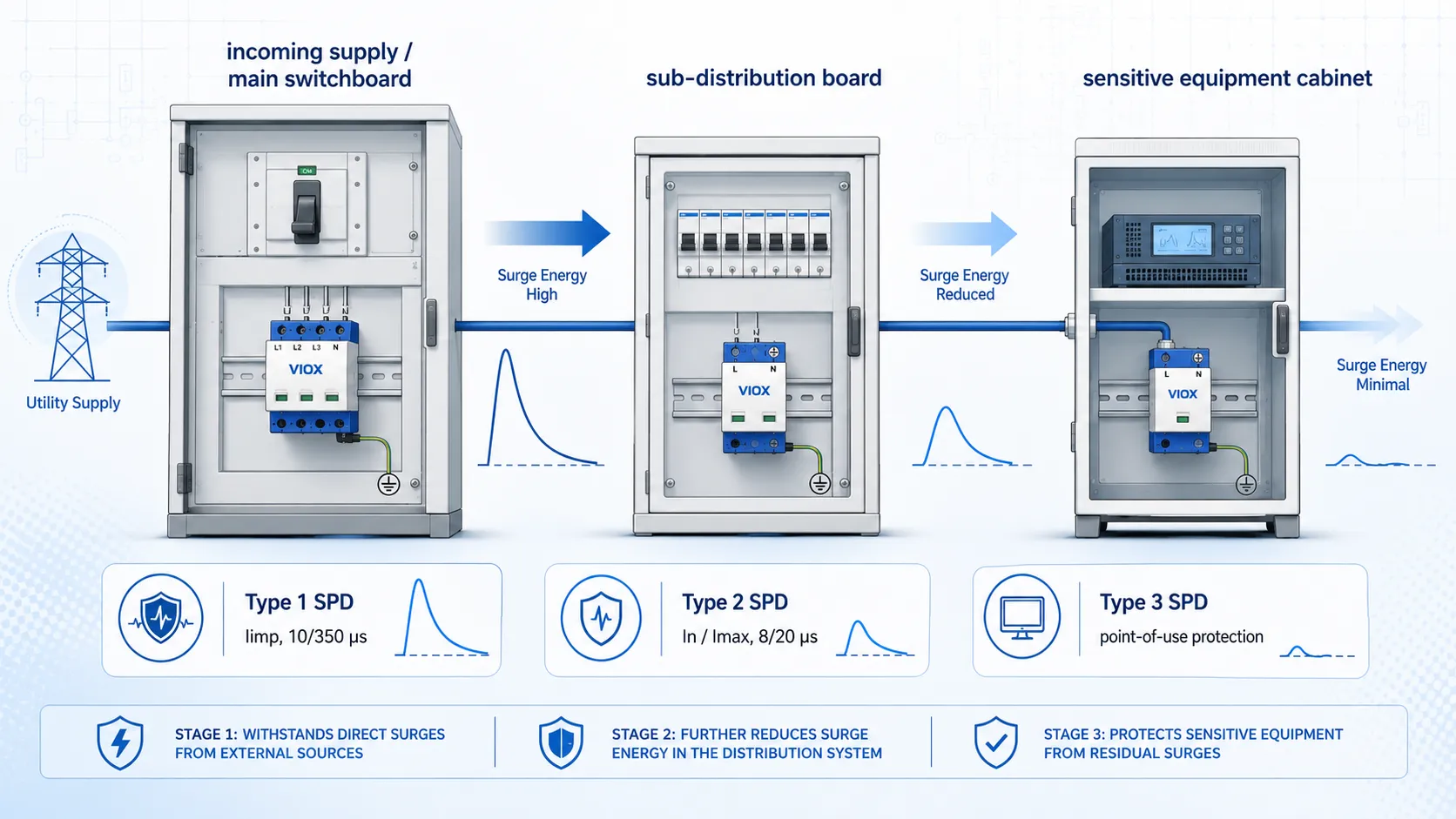 Type 1 Type 2 and Type 3 SPDs under IEC 61643-11 with typical installation locations