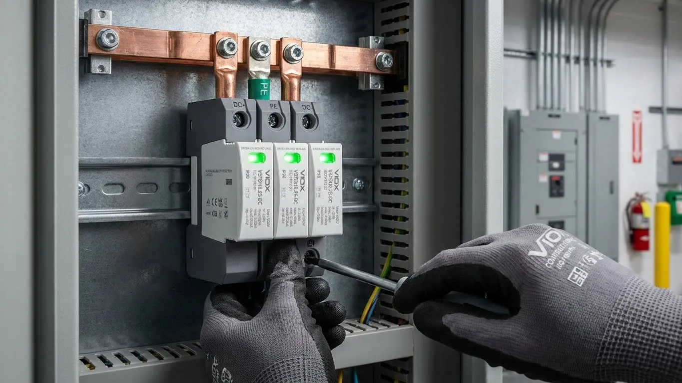 ອຸປະກອນປ້ອງກັນກະແສໄຟຟ້າປະເພດ 1 (SPD) ຈາກ VIOX ຕິດຕັ້ງຢູ່ໃນລາງ DIN ໃນແຜງໄຟຟ້າອຸດສາຫະກໍາທີ່ມີການຕັ້ງຄ່າການປ້ອງກັນສາມເຟດແລະຕົວຊີ້ວັດສະຖານະ