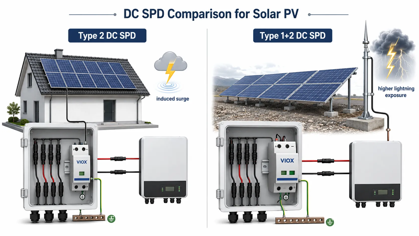 Type 2 versus Type 1+2 DC SPD selection for solar PV systems.