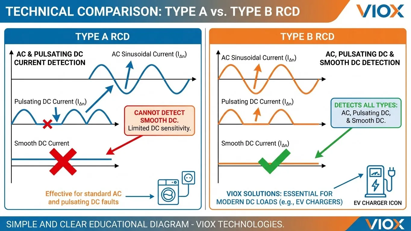 Infografía de comparación técnica que muestra dos diagramas de forma de onda uno al lado del otro, lado izquierdo etiquetado como 'RCD de tipo A' con formas de onda de CC sinusoidal y pulsante (marca X roja que muestra que no puede detectar CC lisa), lado derecho etiquetado como 'RCD de tipo B' con formas de onda de CC CA, CC pulsante y CC lisa (marca de verificación verde que muestra que puede detectar todos los tipos), estilo de ilustración técnica profesional limpio, esquema de color azul y naranja, logotipo de VIOX, anotaciones que apuntan a las diferencias clave, icono de cargador de vehículos eléctricos, diagrama educativo simple y claro
