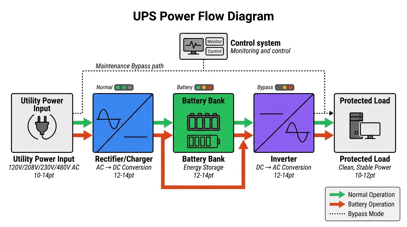 UPS working principle diagram showing power flow from input through rectifier, battery, and inverter to load