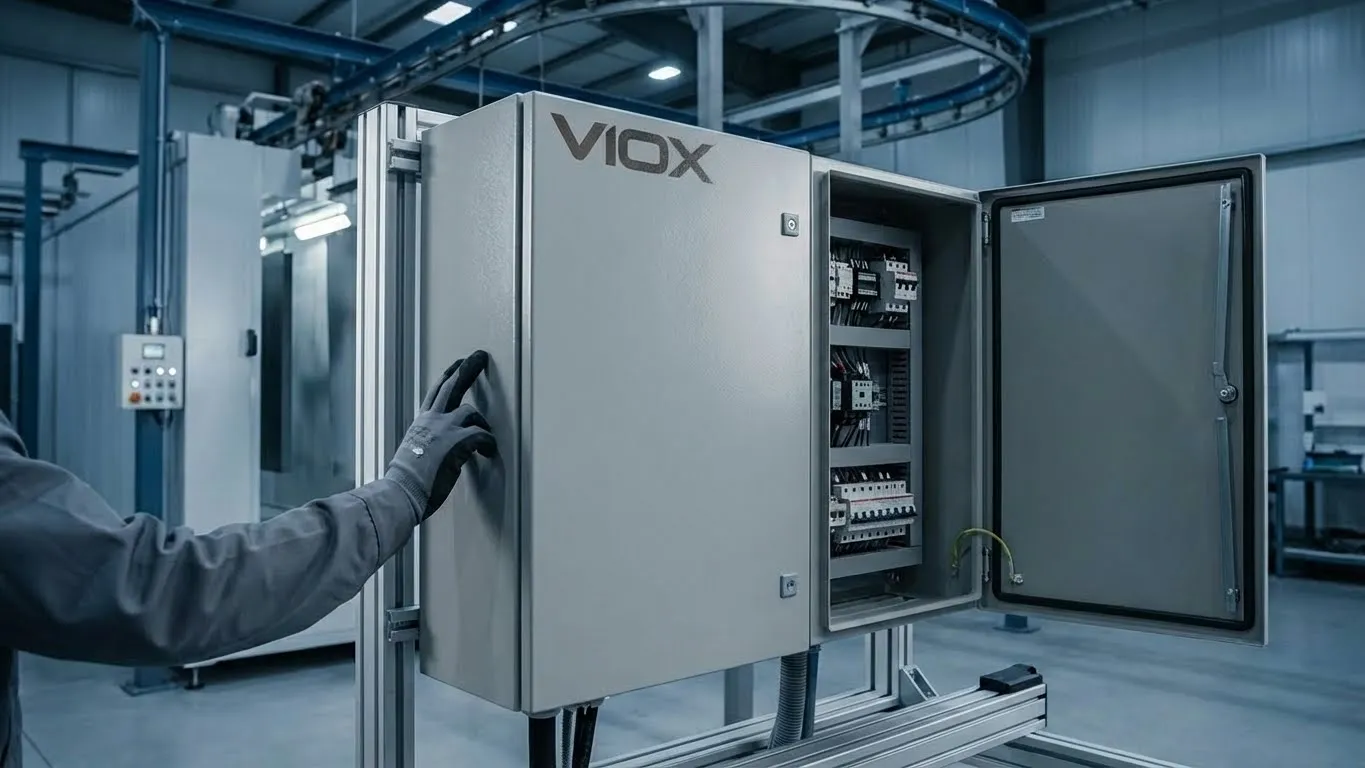 علبة كهربائية فولاذية مدلفنة على البارد قياس 16 من VIOX مع طلاء مسحوق TGIC في منشأة التصنيع