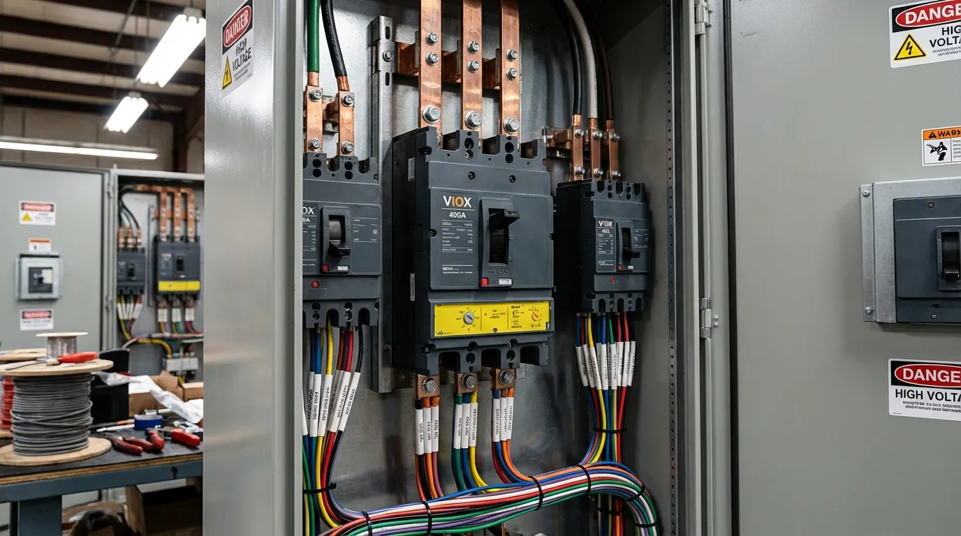VIOX 400A 3상 몰드 케이스 회로 차단기 MCCB가 산업용 전기 패널에 설치되어 있으며, 버스바 연결과 조정 가능한 트립 설정이 보입니다.
