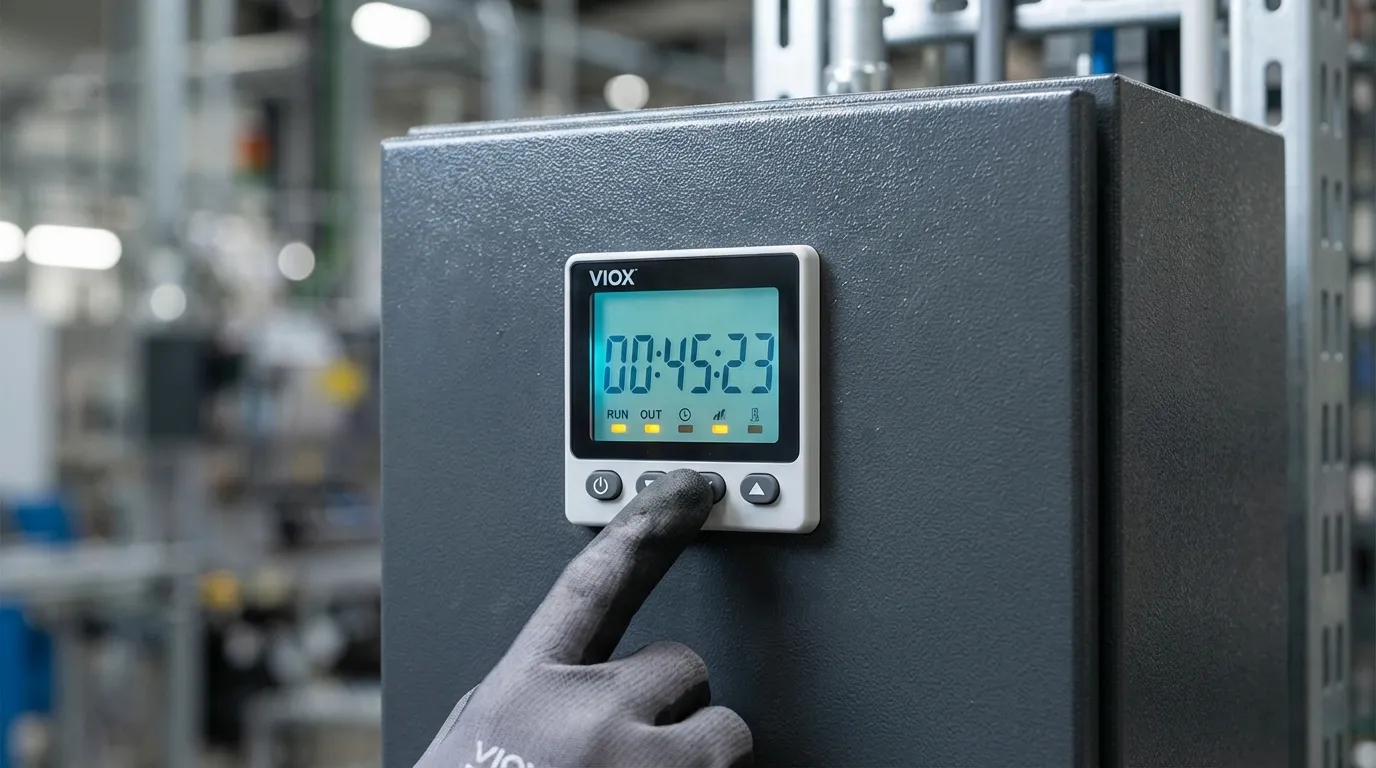 VIOX 48mm প্যানেল মাউন্ট টাইমার LCD ডিসপ্লে সহ শিল্প নিয়ন্ত্রণ প্যানেলে কাউন্টডাউন দেখাচ্ছে