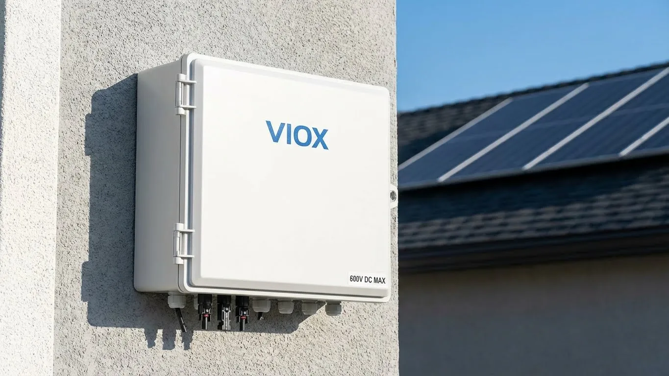 Caja combinadora solar VIOX de 600 V CC instalada en la pared exterior de una vivienda residencial con paneles solares en el tejado visibles