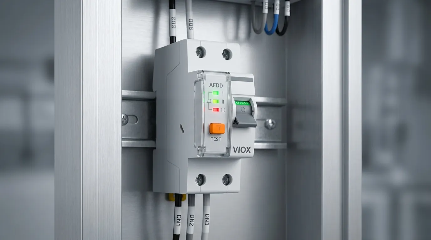 DINレールに取り付けられたVIOX AFDDアーク故障検出デバイス。LEDインジケーターとテストボタンが表示されています