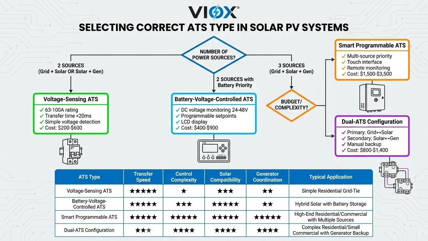 Diagrama de flujo de decisión de selección del ATS VIOX que muestra las opciones de detección de voltaje, controladas por batería, programables inteligentes y de doble ATS para aplicaciones de sistemas solares fotovoltaicos