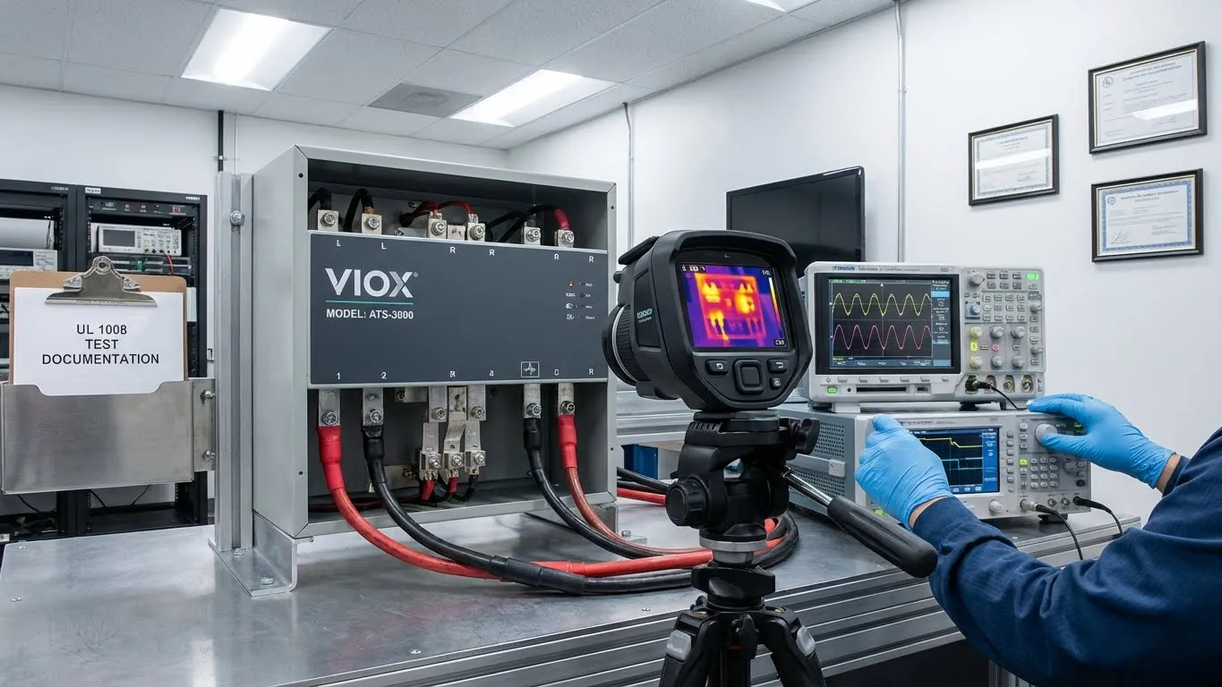 TSA VIOX subissant des tests de qualité UL 1008 avec imagerie thermique, analyse de forme d'onde et mesure de la résistance de contact dans un laboratoire certifié