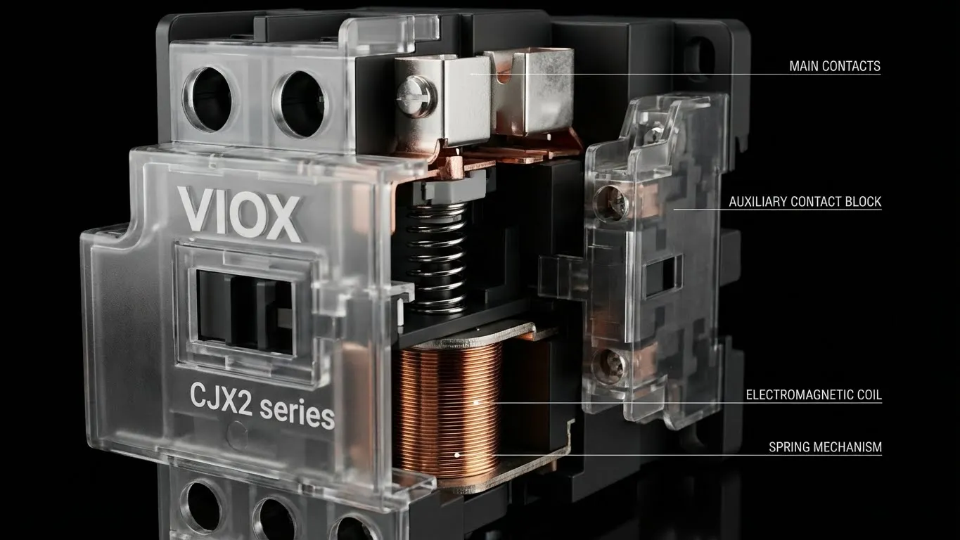 VIOX CJX2 سیریز AC کنٹیکٹر کٹاوے معاون رابطوں اور برقی مقناطیسی کوائل کو دکھا رہا ہے۔