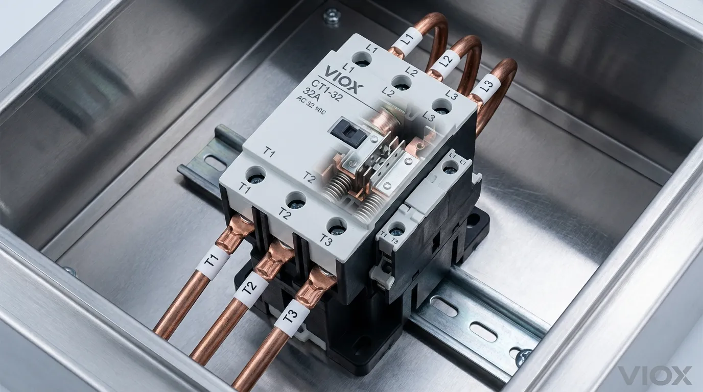 Contacteur CA VIOX CT1-32 monté sur rail DIN à l'intérieur d'un boîtier en acier inoxydable