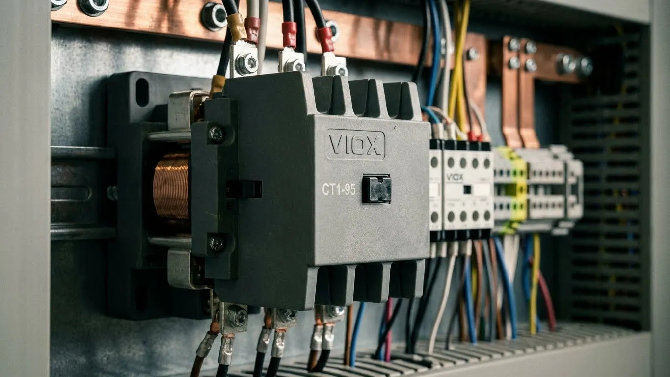 Kontaktor AC VIOX CT1-95 dipasang pada rel DIN di panel kontrol industri
