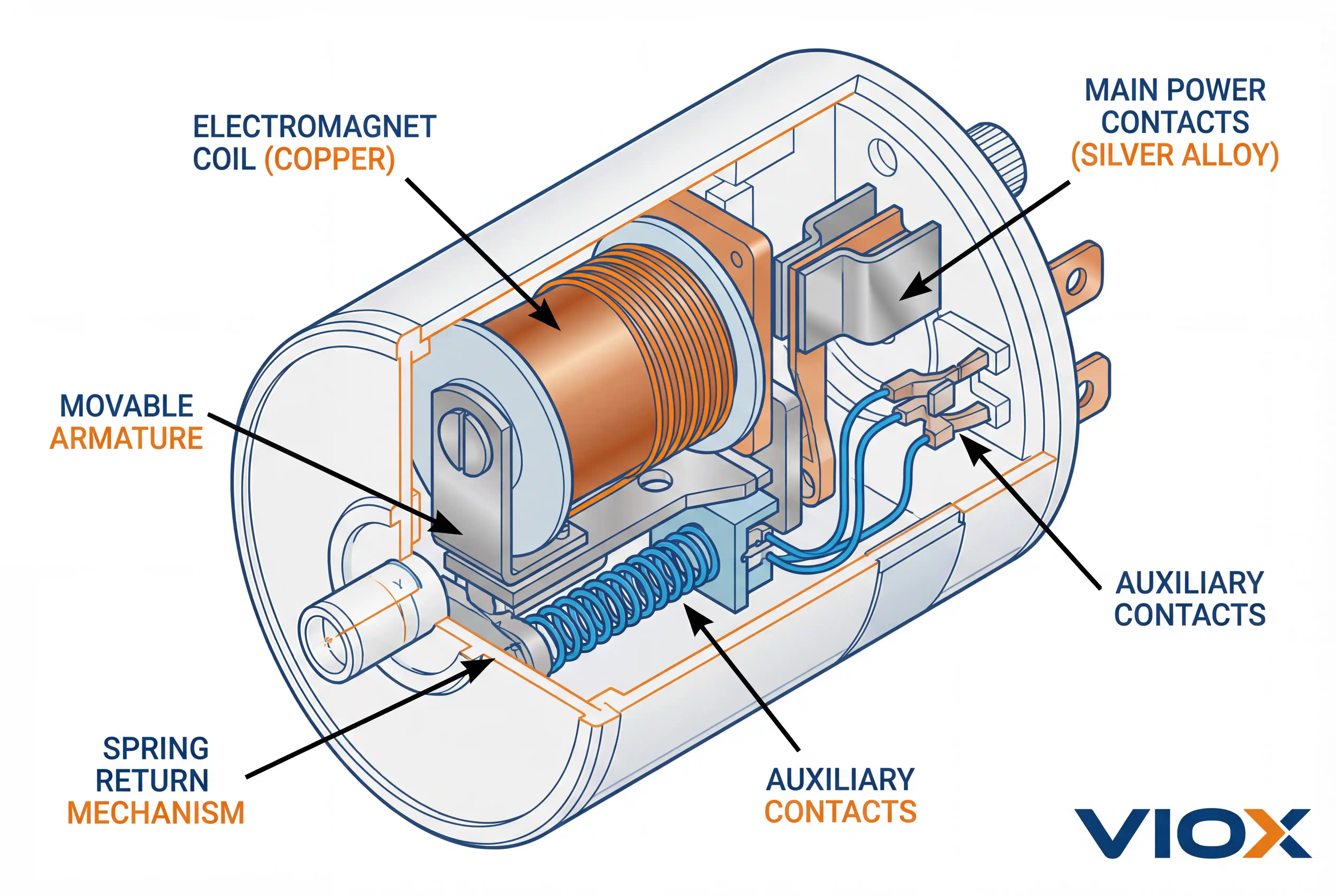 A VIOX Electric kontaktor műszaki metszeti ábrája, amely az elektromágneses tekercset, a armatúra mechanizmusát, a fő tápcsatlakozókat és a segédérintkező elrendezését ábrázolja