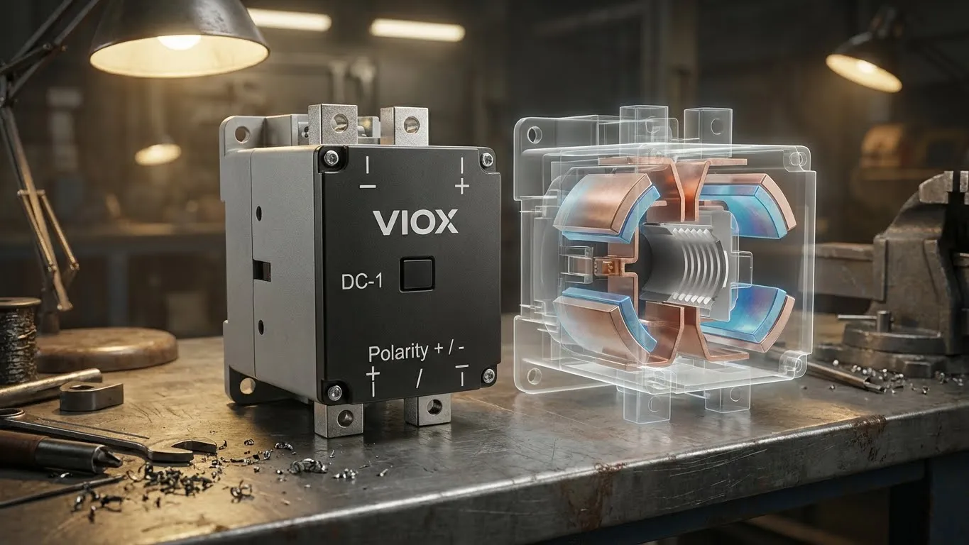 VIOX DC Contactor product shot revealing internal magnetic blowout technology
