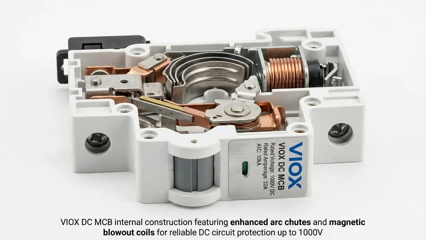 VIOX DC MCB ໃກ້ຊິດສະແດງໃຫ້ເຫັນອົງປະກອບການສະກັດກັ້ນໄຟຟ້າລັດວົງຈອນພາຍໃນແລະລະບົບການຕິດຕໍ່