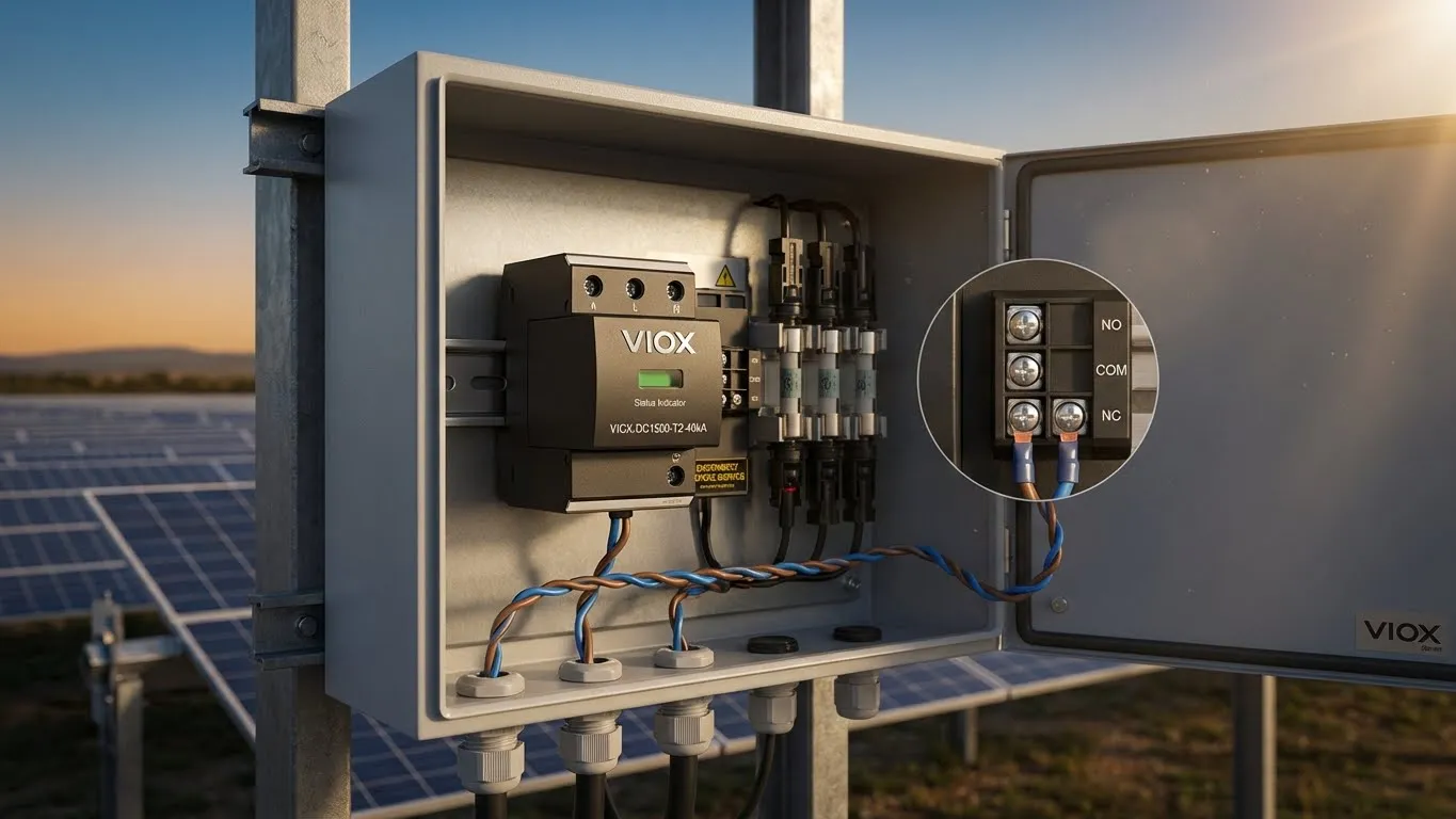 VIOX DC SPD 1500V surge arrester ພ້ອມກັບປາຍສັນຍານຣີໂໝດທີ່ຕິດຕັ້ງຢູ່ໃນກ່ອງລວມສາຍແສງຕາເວັນທີ່ສະແດງສາຍໄຟໜ້າສຳຜັດ NO COM NC ສຳລັບການເຊື່ອມໂຍງ SCADA