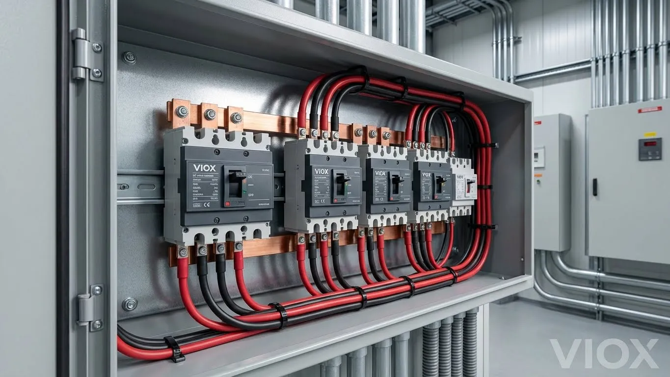 ເຄື່ອງຕັດວົງຈອນ VIOX DC ທີ່ຕິດຕັ້ງຢູ່ໃນກ່ອງລວມລະບົບແສງຕາເວັນ photovoltaic