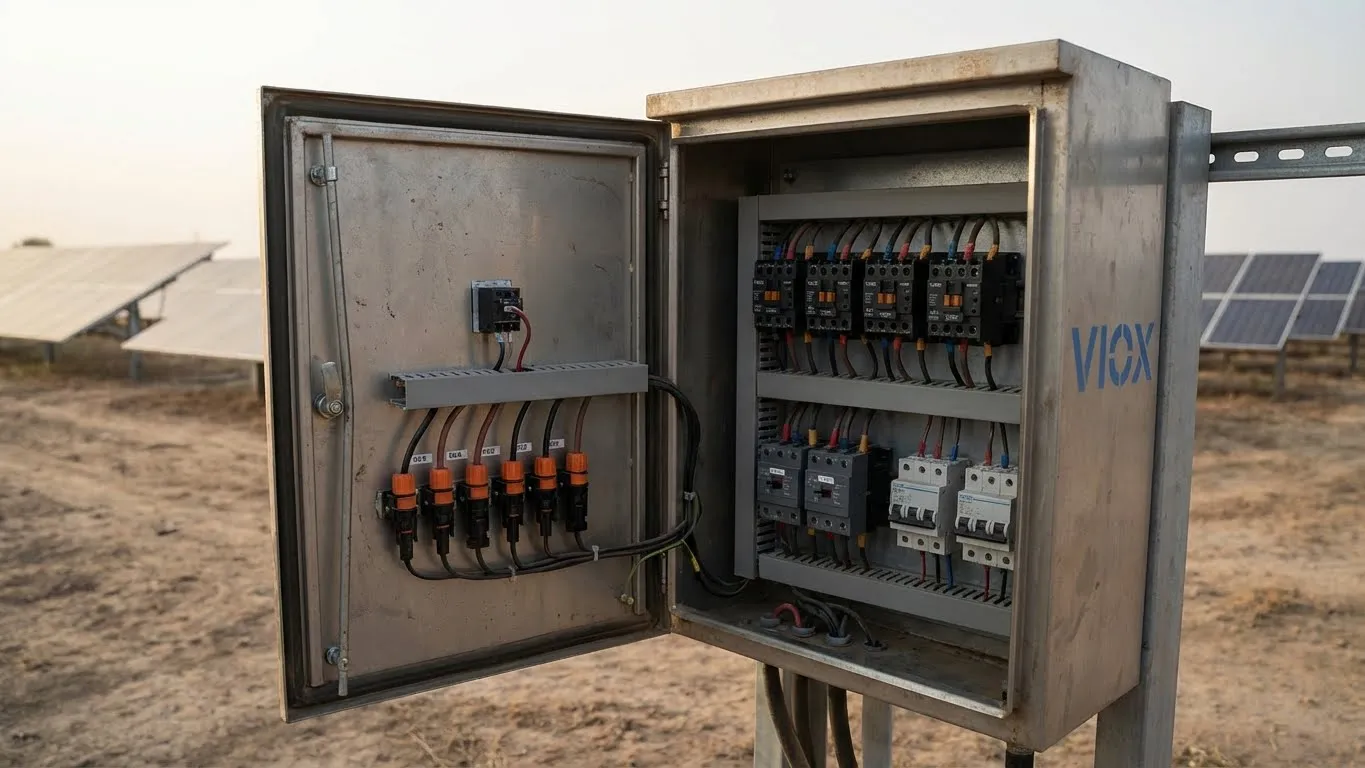 Kontaktor DC VIOX dipasang di kotak penggabung PV surya untuk kontrol isolasi string