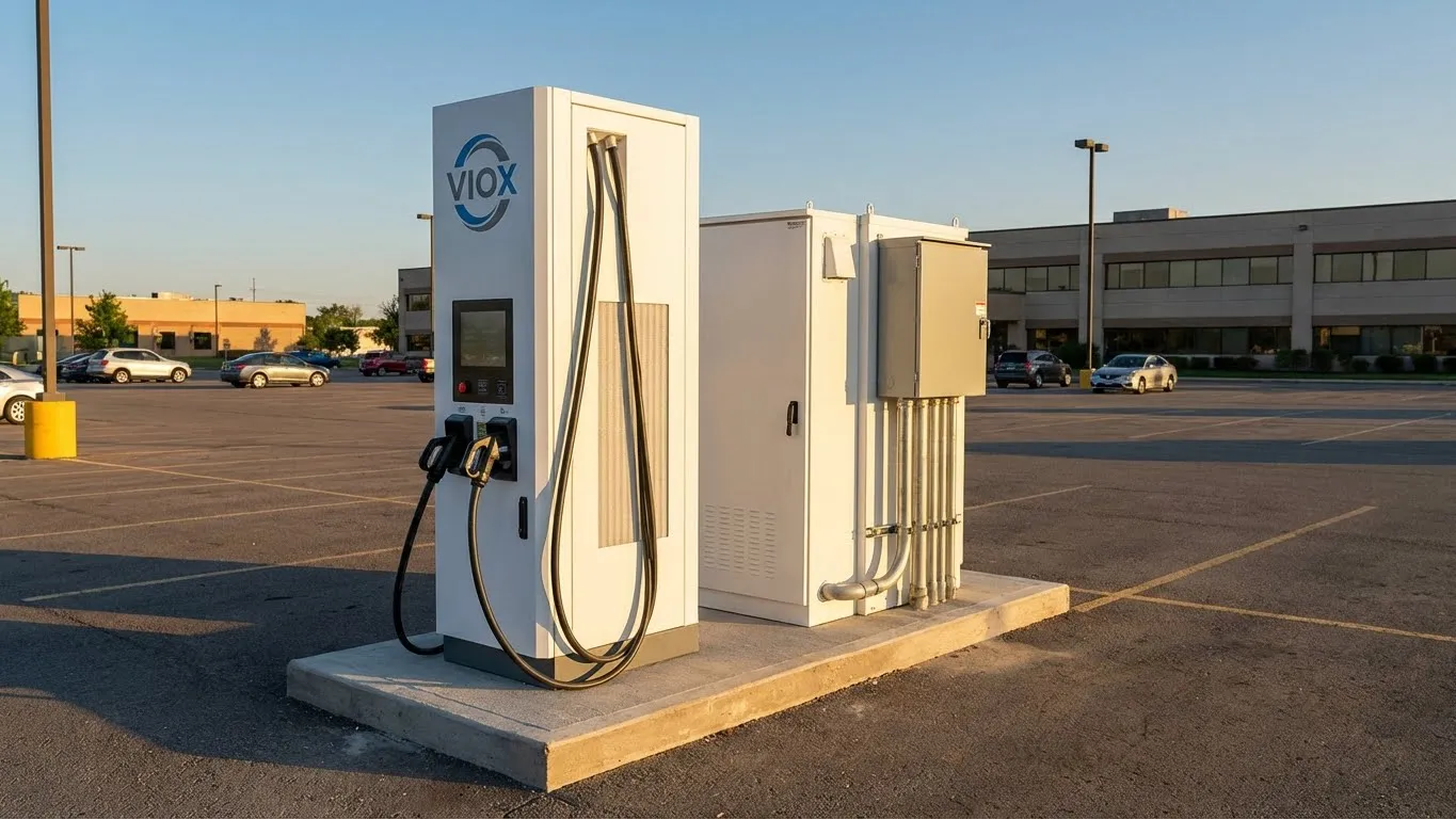 Σταθμός ταχείας φόρτισης VIOX DC με ενσωματωμένα συστήματα προστασίας εγκατεστημένα σε εμπορική εγκατάσταση στάθμευσης