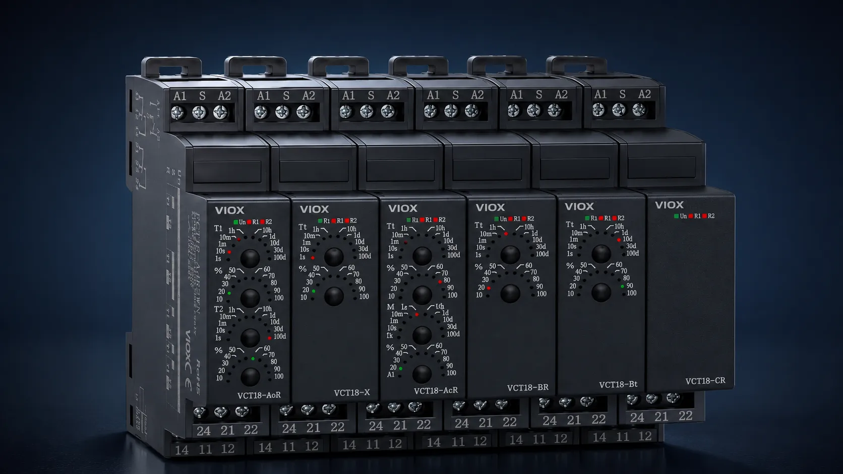 VIOX DIN-rail time delay relay product lineup featuring multiple timer relay models with adjustable timing dials, LED indicators, and control terminals.