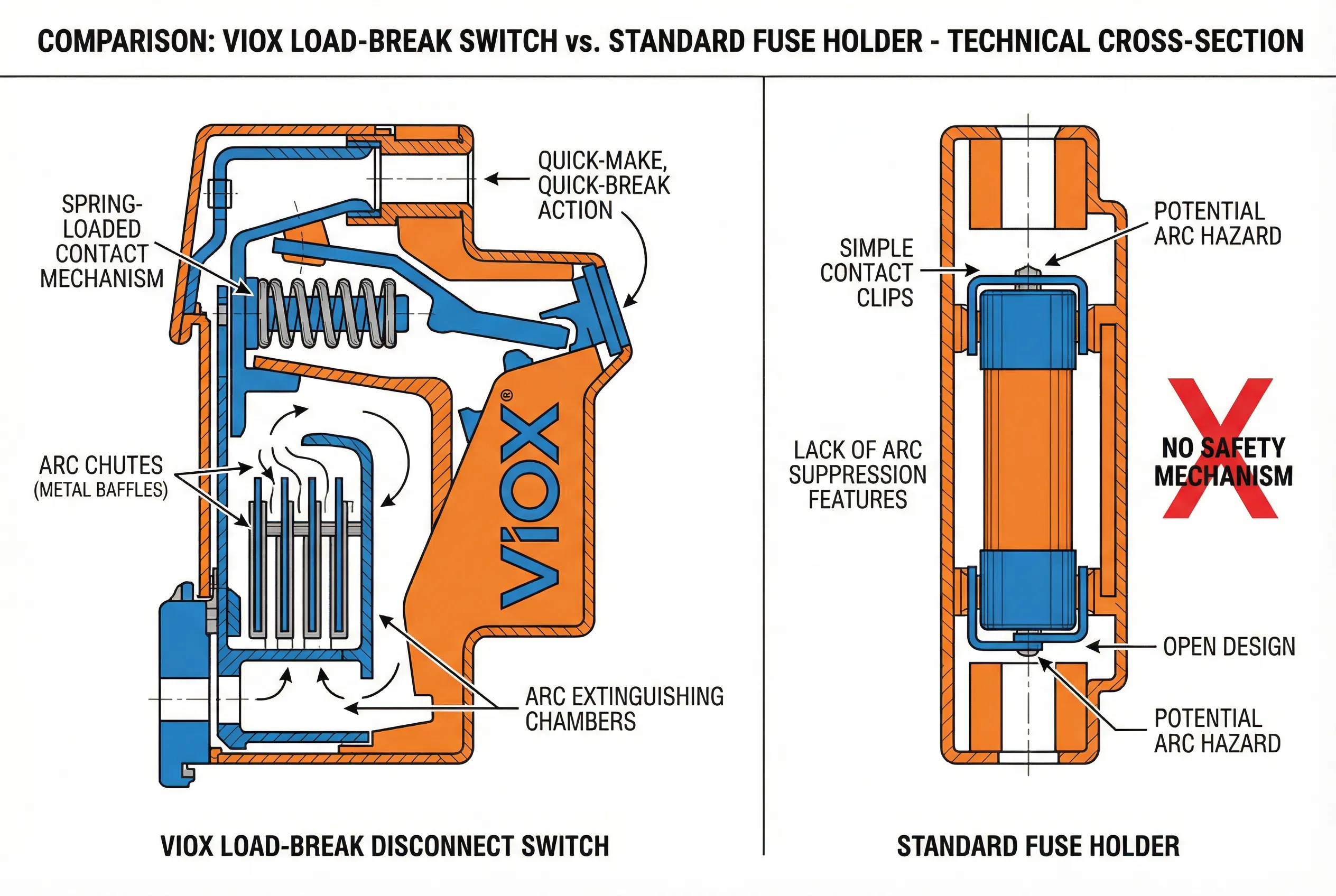 Schéma technique détaillé en coupe d'un mécanisme de sectionneur VIOX par rapport à un porte-fusible standard