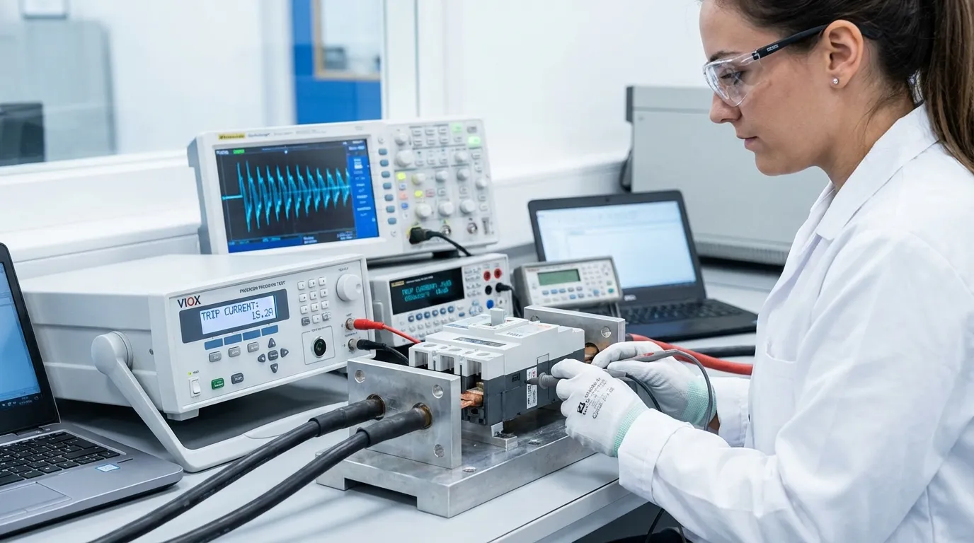 VIOX Electric quality control engineer testing circuit breaker trip current accuracy using precision oscilloscope and measurement equipment in certified testing laboratory