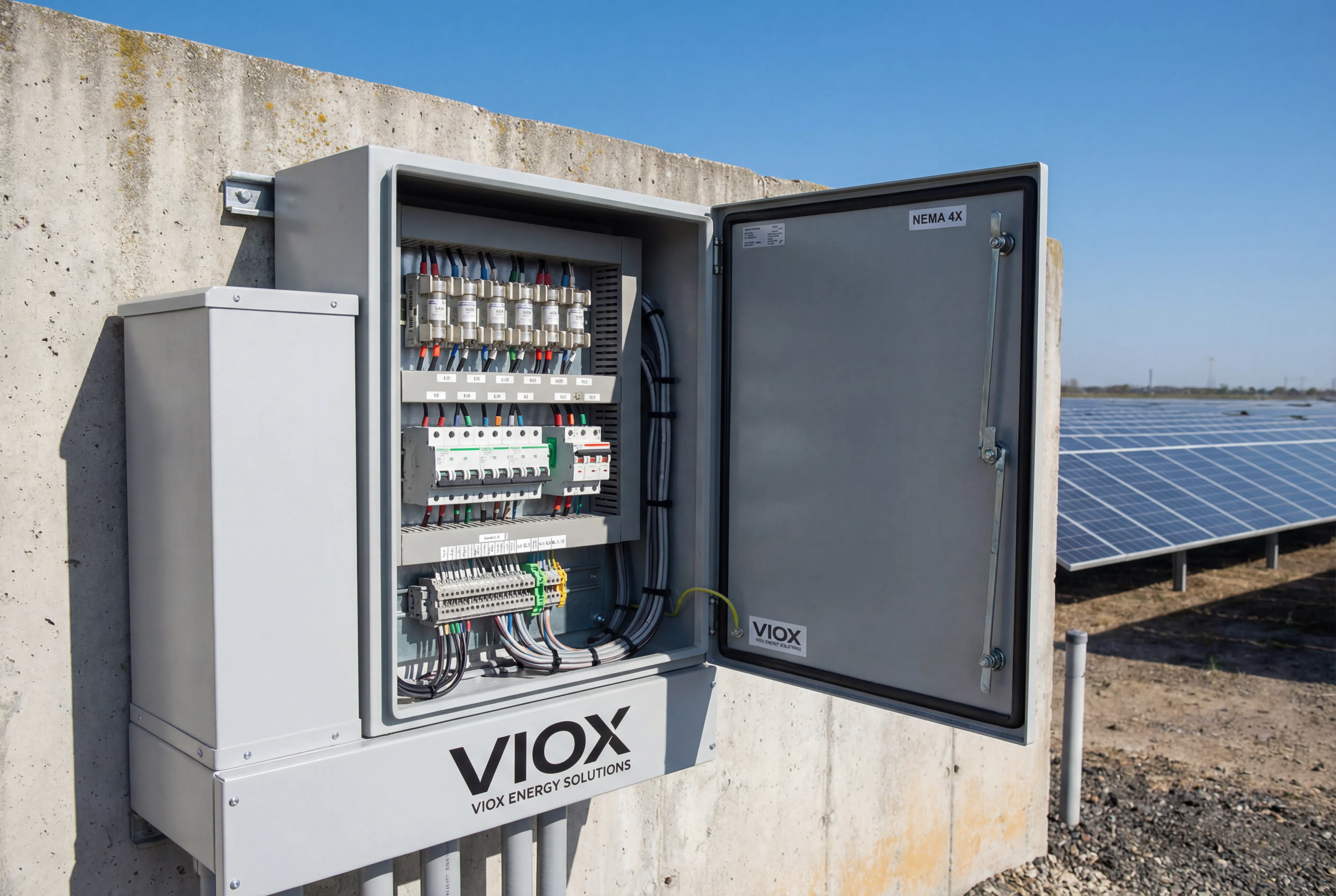 A VIOX Electric napelem kombináló doboza időjárásálló burkolattal, belső biztosítékokkal, megszakítókkal és professzionális huzalozással a PV rendszerekhez