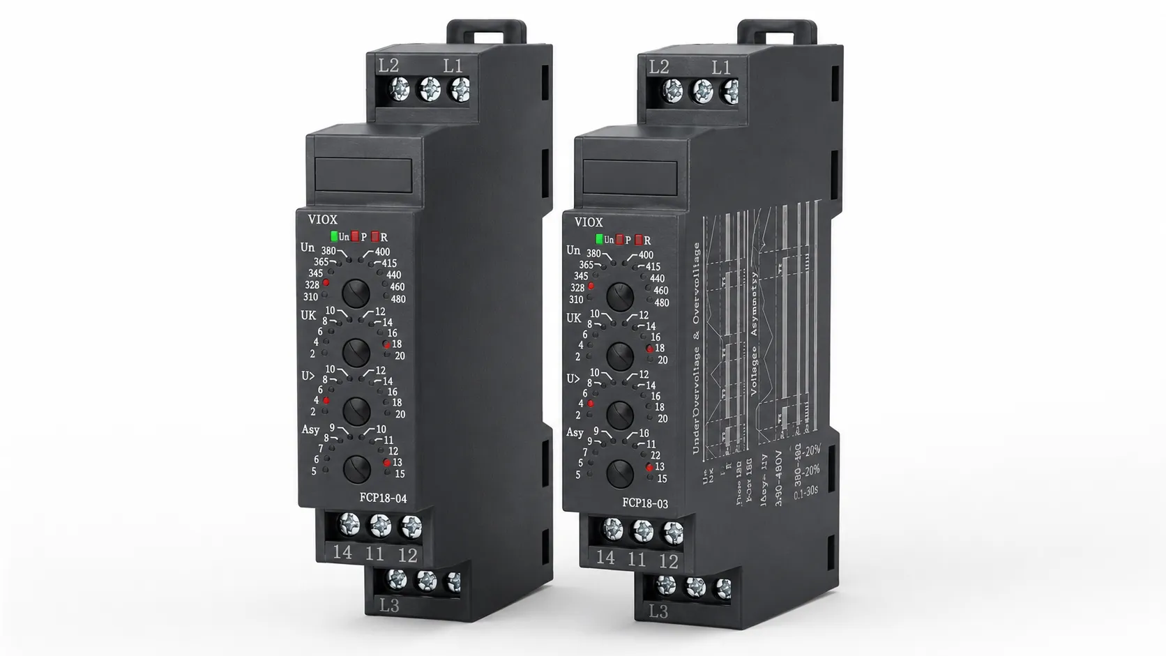 VIOX FCP18 three-phase voltage monitoring relay with front adjustment knobs, LED indicators, and DIN rail housing.