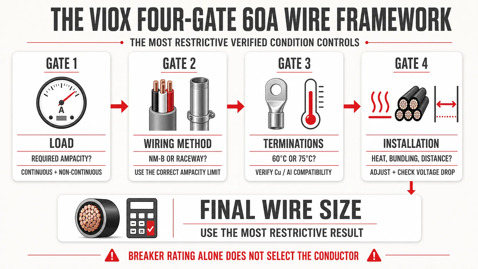 VIOX four-gate framework for selecting conductor size for a 60 amp breaker
