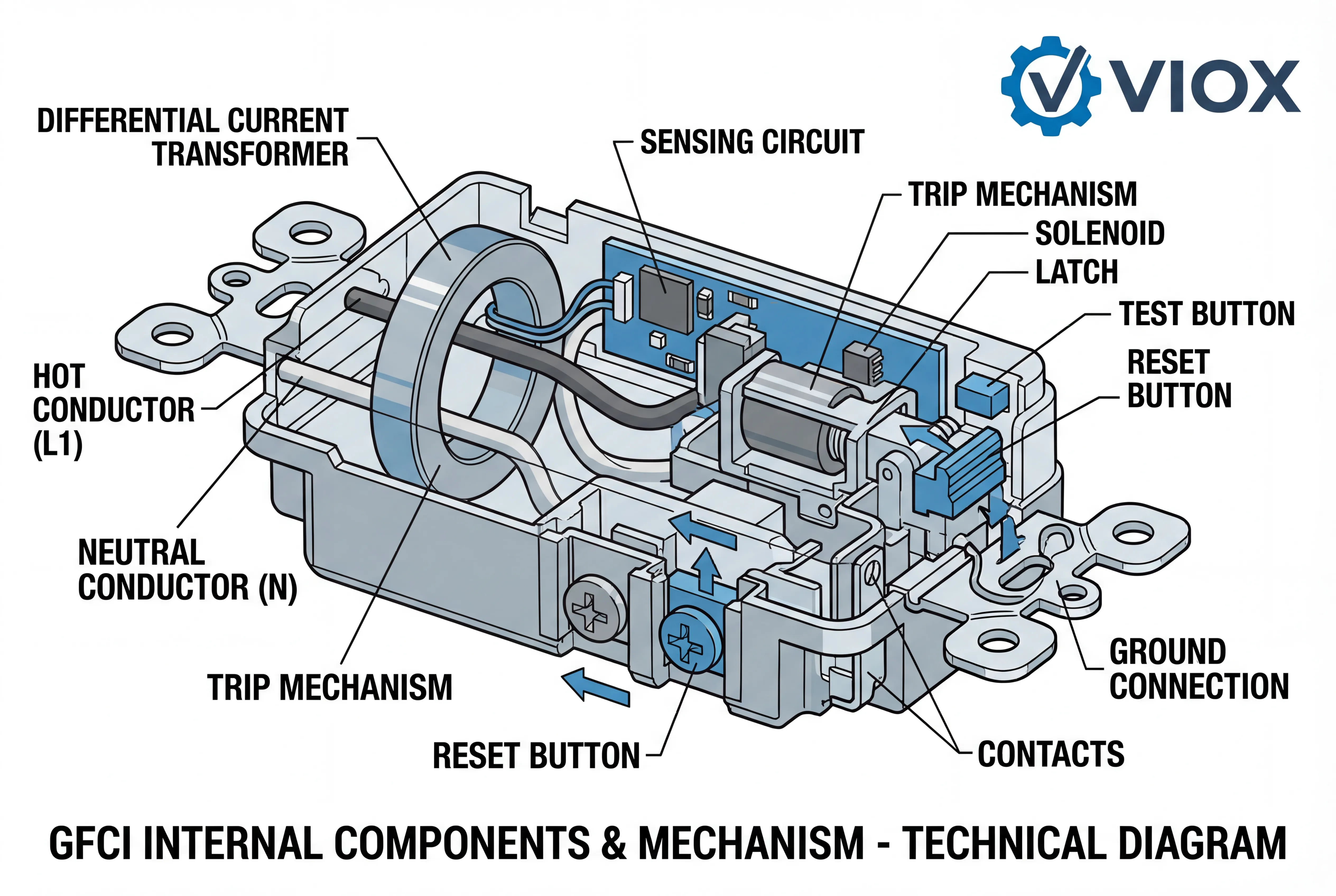 ແຜນວາດຕັດທາງດ້ານວິຊາການຂອງອົງປະກອບພາຍໃນ GFCI
