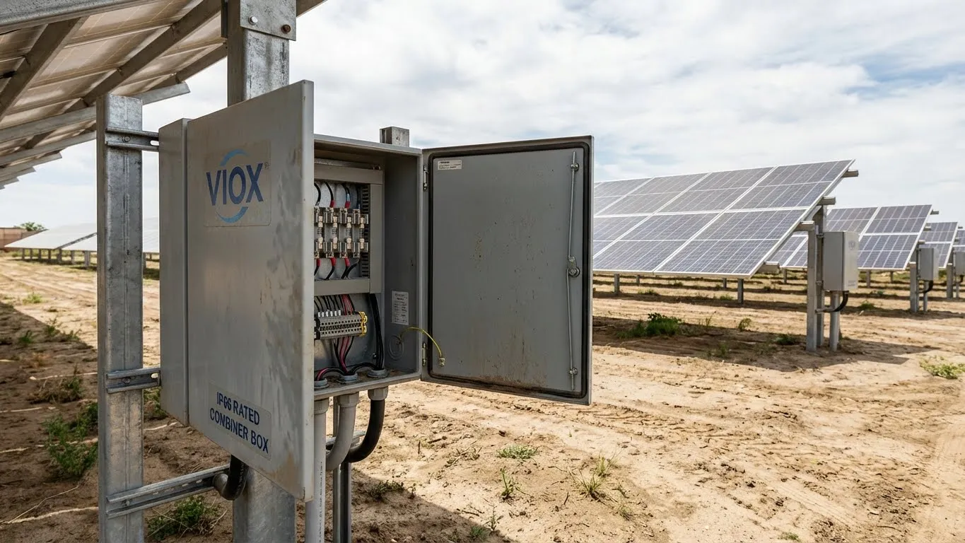 Kotak penggabung solar berperingkat VIOX IP66 yang dipasang pada susunan PV ground-mount dengan proteksi sekering DC