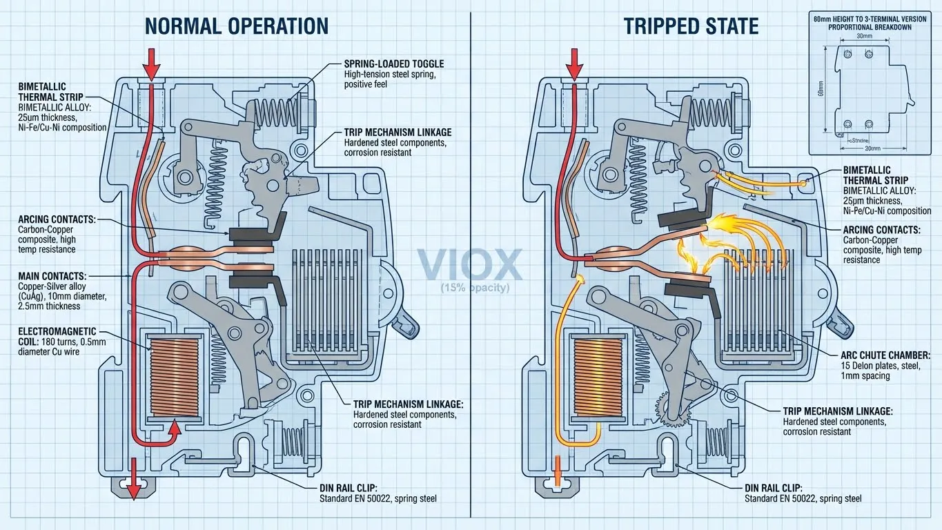ส่วนตัดขวางภายในของ MCB VIOX แสดงกลไกการตัดวงจรด้วยความร้อนและแม่เหล็ก