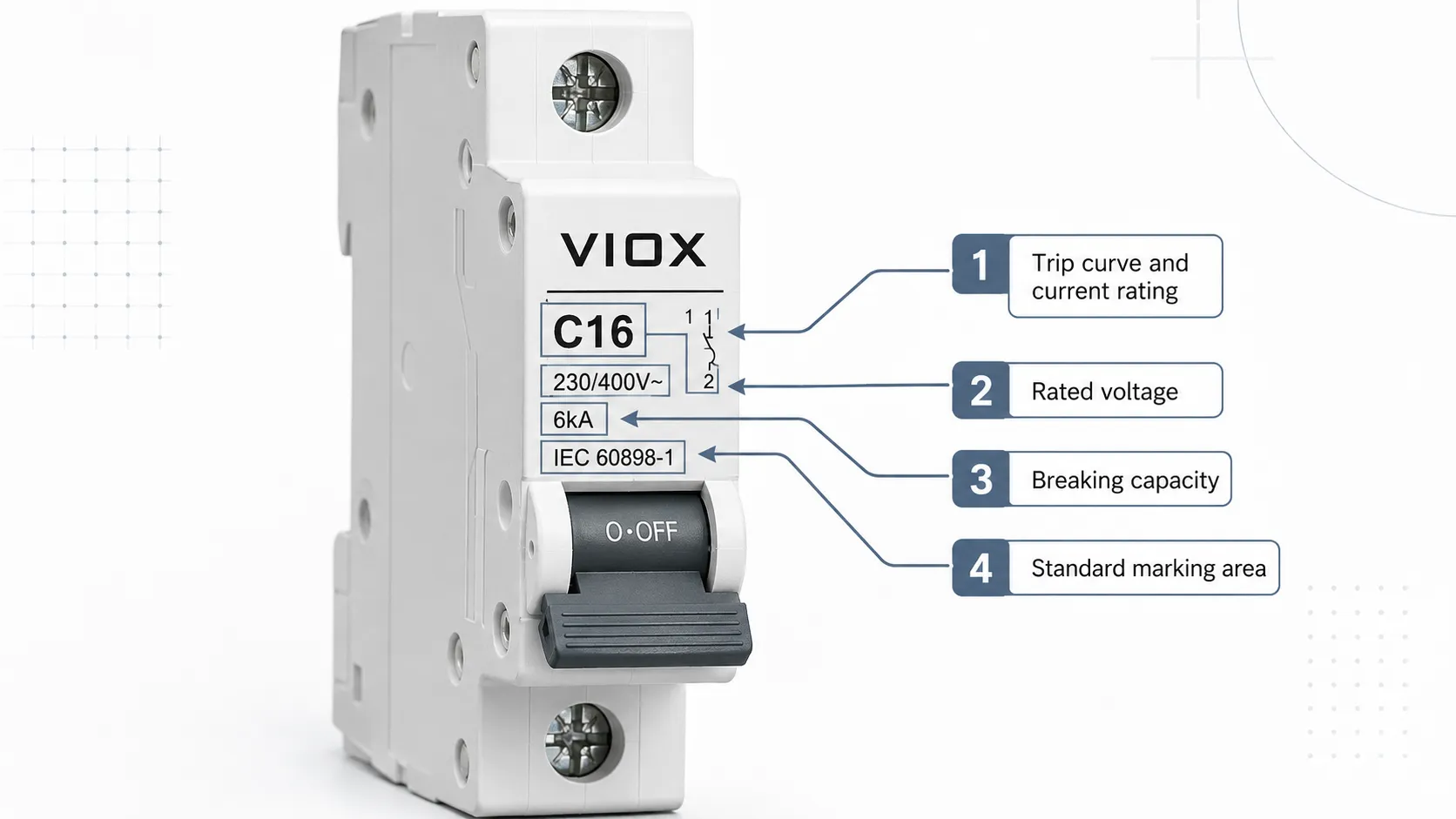VIOX MCB nameplate explaining C16 rating and 6kA breaking capacity.