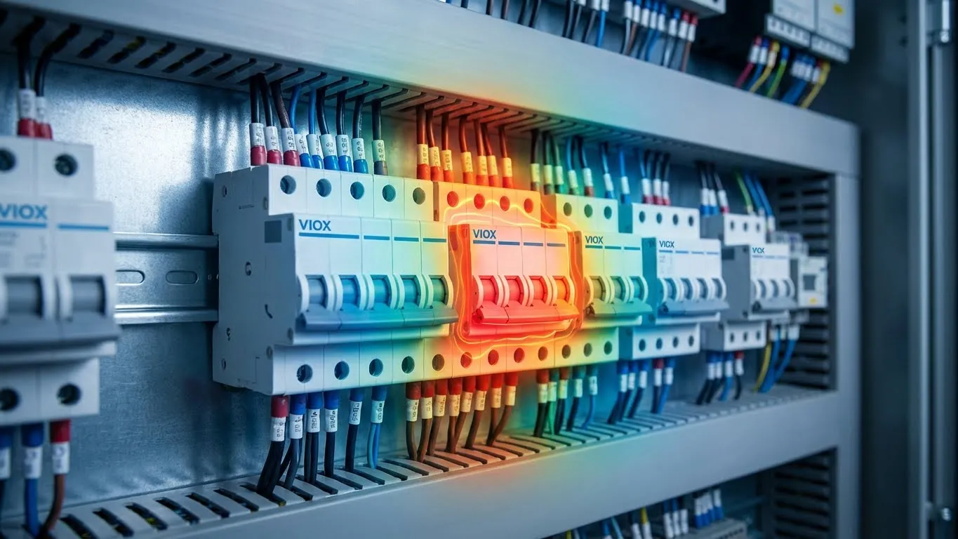 Mapa de calor térmico que muestra el aumento de temperatura y el factor de agrupación en una instalación de MCB VIOX de alta densidad